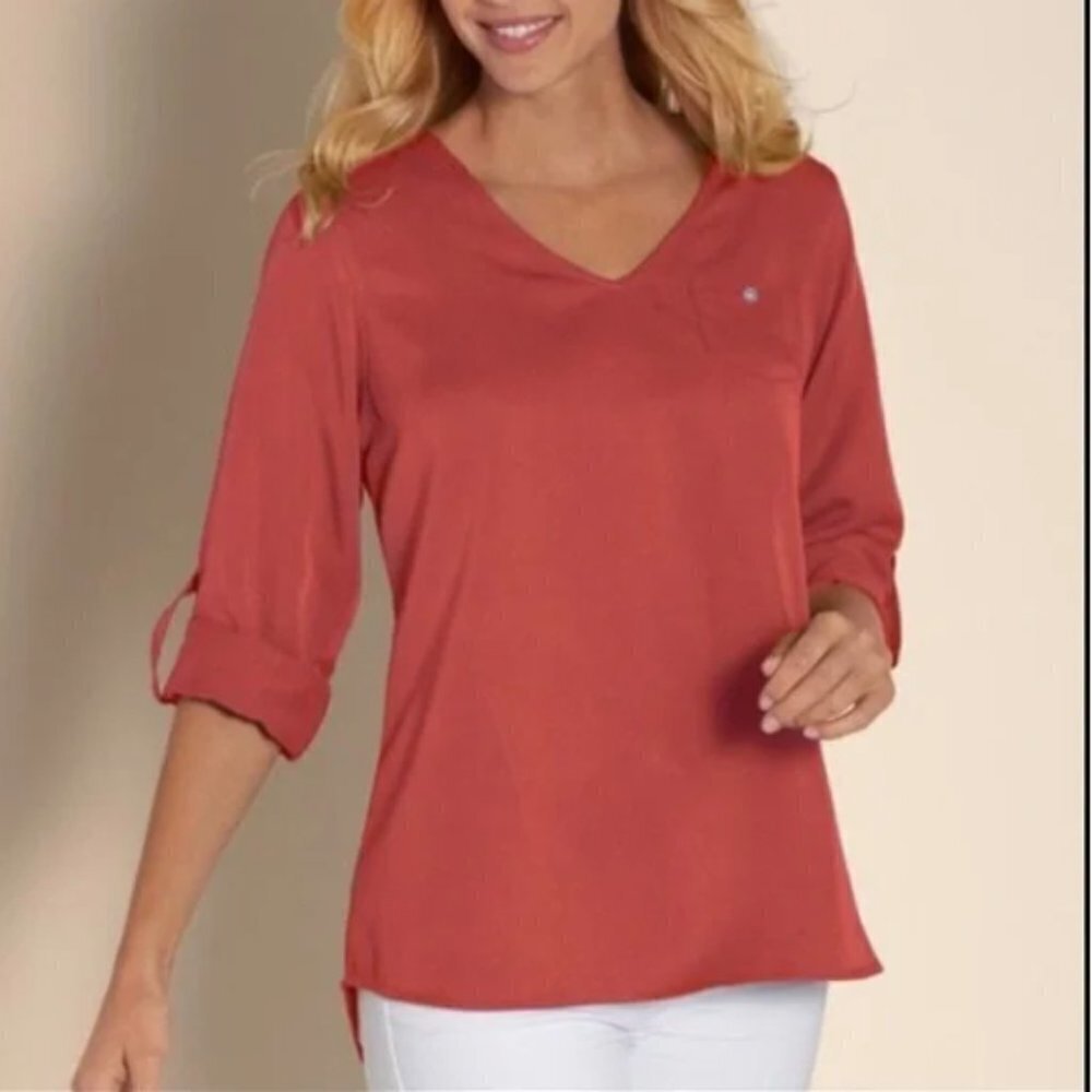Soft Surroundings Li Tencel Tunic Top Size M Roll Tab‎ Sleeves V Neck